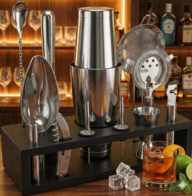 Highball  Chaser Highball & Chaser 13-Piece Boston Cocktail Shaker Set Stainless Steel Mixology Bartender Kit With Stand For Home Bar Cocktail Set | Laser Engraved Cocktail Tools | Plus E-Book with 30 Cocktail Recipes - Image 2